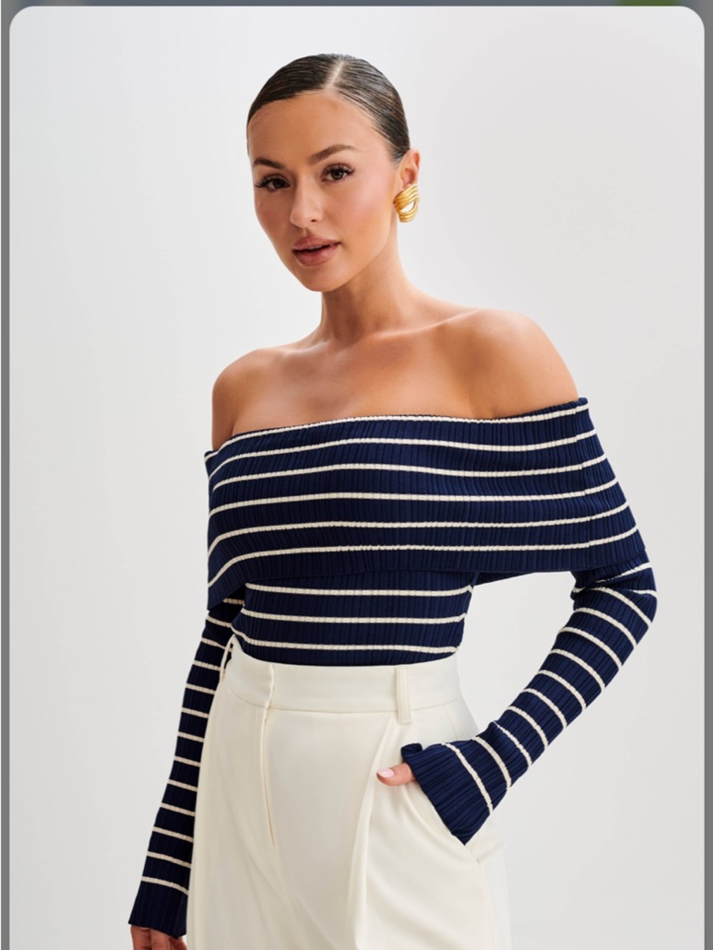 Meshki Off-Shoulder Navy and White Stripe Ribbed Sweater